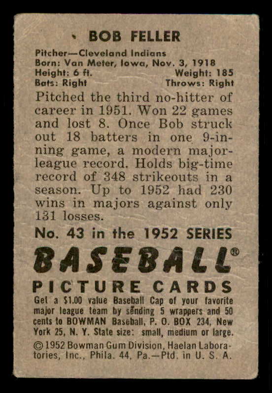 1952 Bowman Baseball #043 Bob Feller Indians Fair 556269