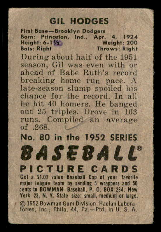 1952 Bowman Baseball #080 Gil Hodges Dodgers Fair 556271