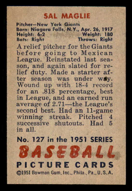 1951 Bowman Baseball #127 Sal Maglie Giants EX-MT 556275