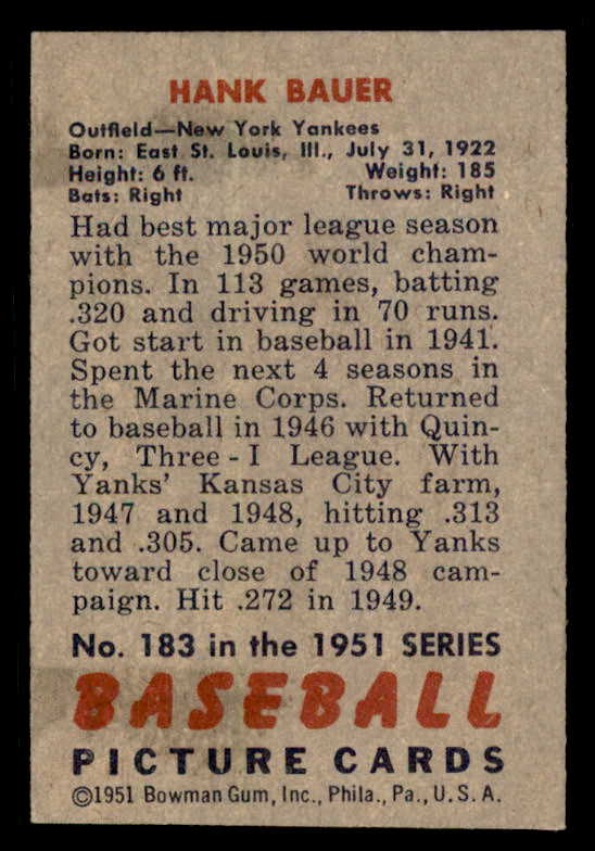 1951 Bowman Baseball #183 Hank Bauer Yankees EX 556276
