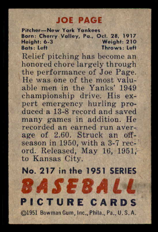 1951 Bowman Baseball #217 Joe Page Yankees EX+/EX-MT 556277