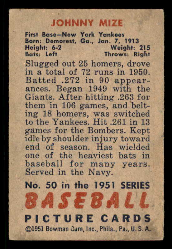 1951 Bowman Baseball #050 Johnny Mize Yankees VG-EX 556295