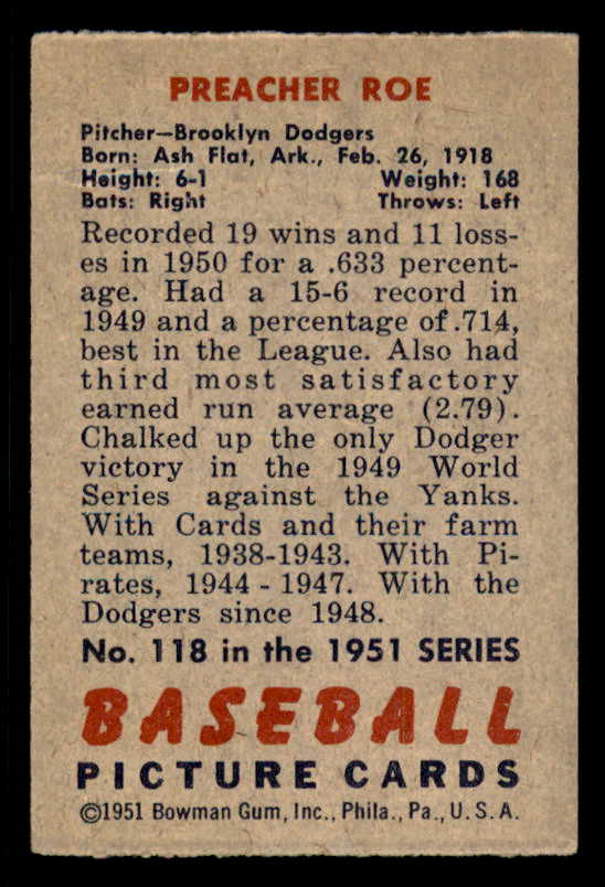 1951 Bowman Baseball #118 Preacher Roe Dodgers Good 556313