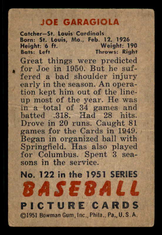 1951 Bowman Baseball #122 Joe Garagiola Cardinals Good 556314