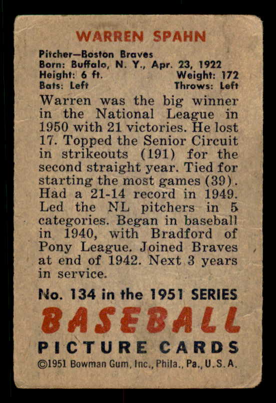 1951 Bowman Baseball #134 Warren Spahn Braves Good 556316