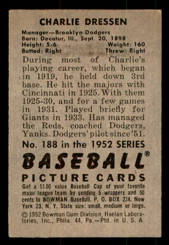 1952 Bowman Baseball #188 Chuck Dressen Dodgers VG-EX 556319