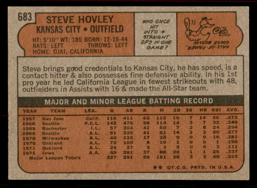 1972 Topps Baseball #683 Steve Hovley Royals EX-MT 556334