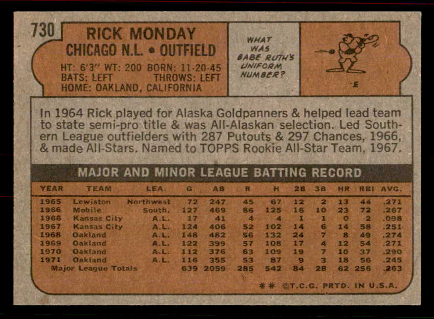 1972 Topps Baseball #730 Rick Monday Cubs EX-MT 556358