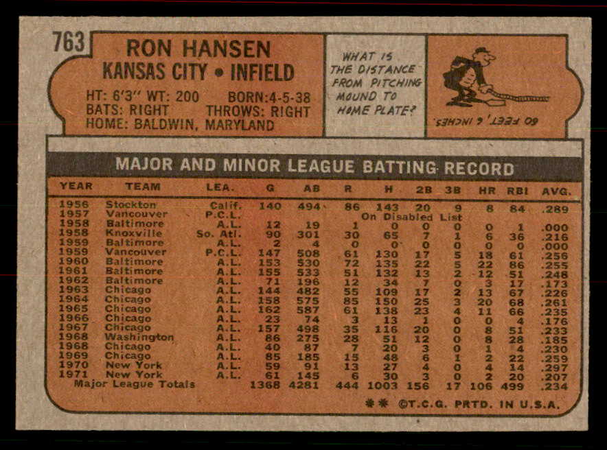 1972 Topps Baseball #763 Ron Hansen Royals EX-MT 556380