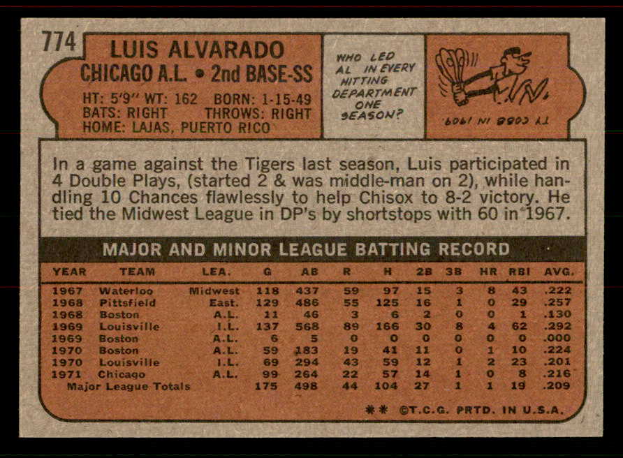 1972 Topps Baseball #774 Luis Alvarado White Sox EX-MT 556402
