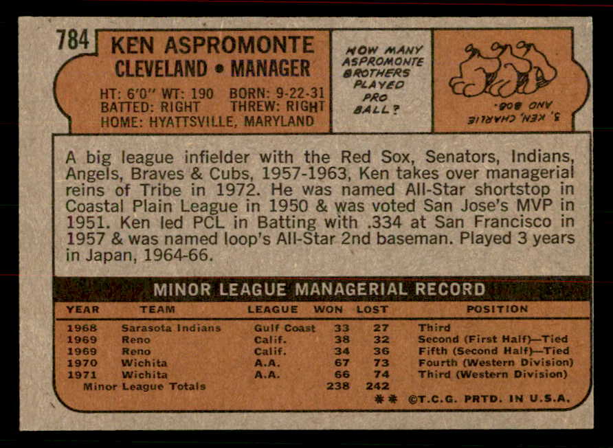 1972 Topps Baseball #784 Ken Aspromonte Indians EX-MT 556408