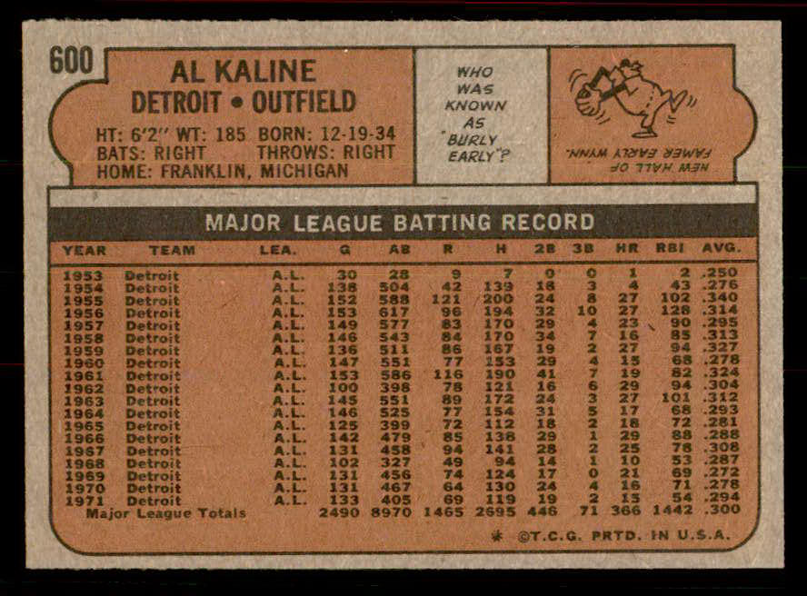 1972 Topps Baseball #600 Al Kaline Tigers EX-MT 556412