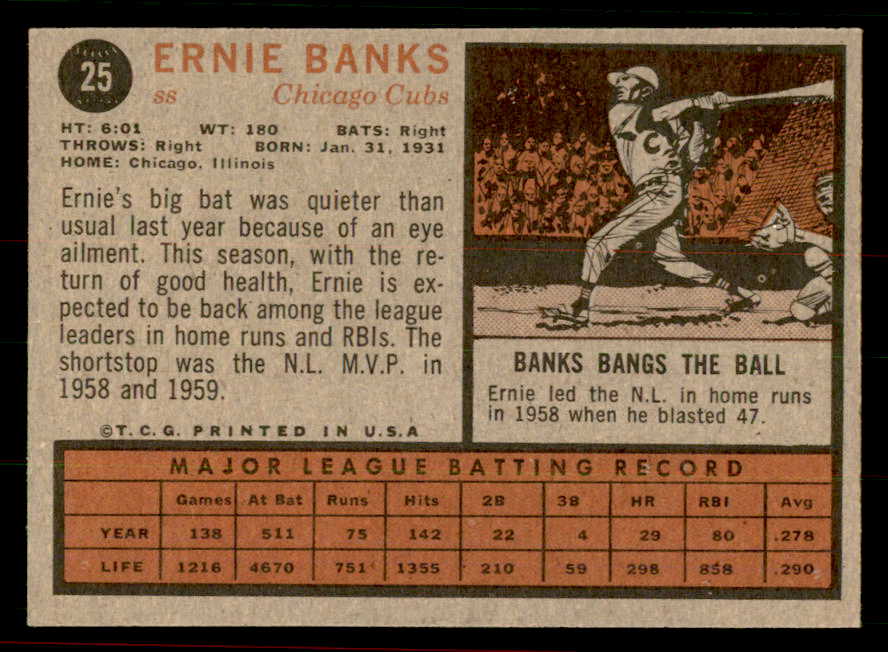 1962 Topps Baseball #025 Ernie Banks Cubs EX 556426