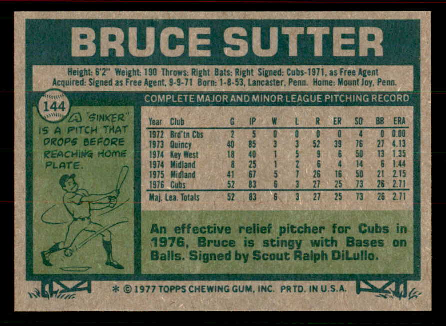 1977 Topps Baseball #144 Bruce Sutter Cubs NR-MT 556436