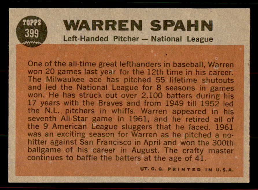 1962 Topps Baseball #399 Warren Spahn A.S. Braves EX-MT 556515