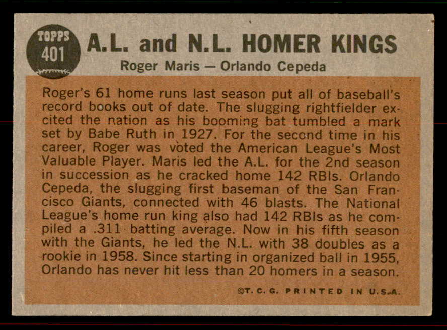 1962 Topps Baseball #401 Roger Maris Orlando Cepeda EX 556524
