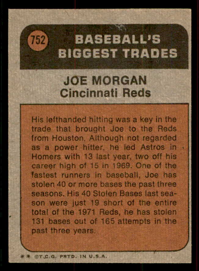1972 Topps Baseball #752 Joe Morgan TR Reds VG-EX 556548