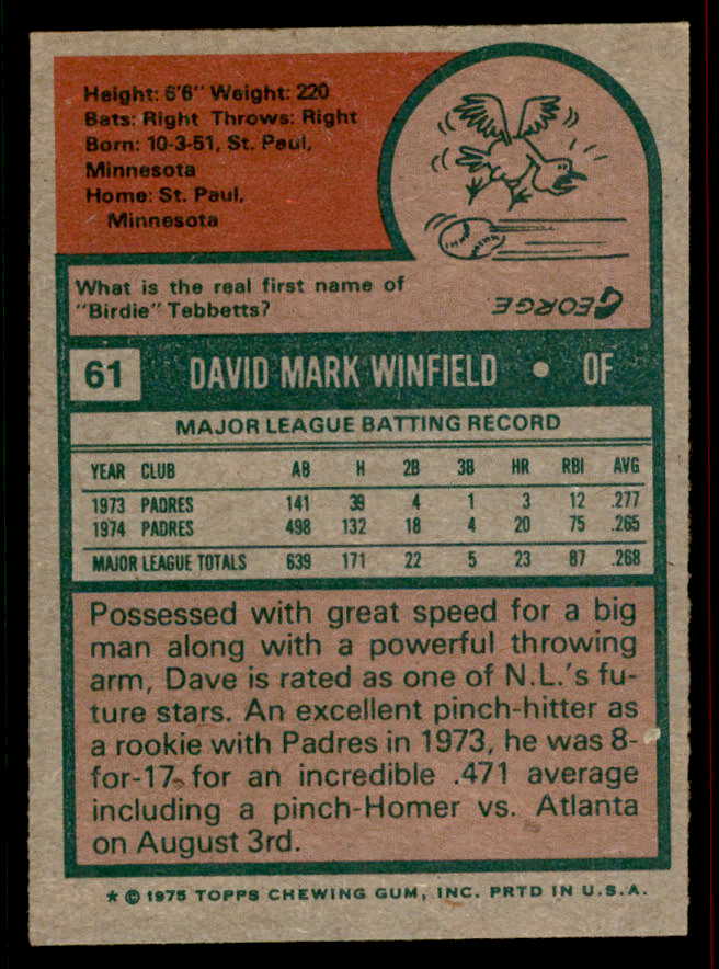 1975 Topps Baseball #061 Dave Winfield Padres EX-MT 556563