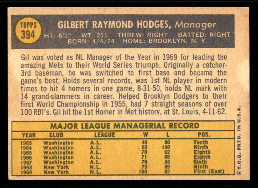 1970 Topps Baseball #394 Gil Hodges Mets EX+/EX-MT 556567