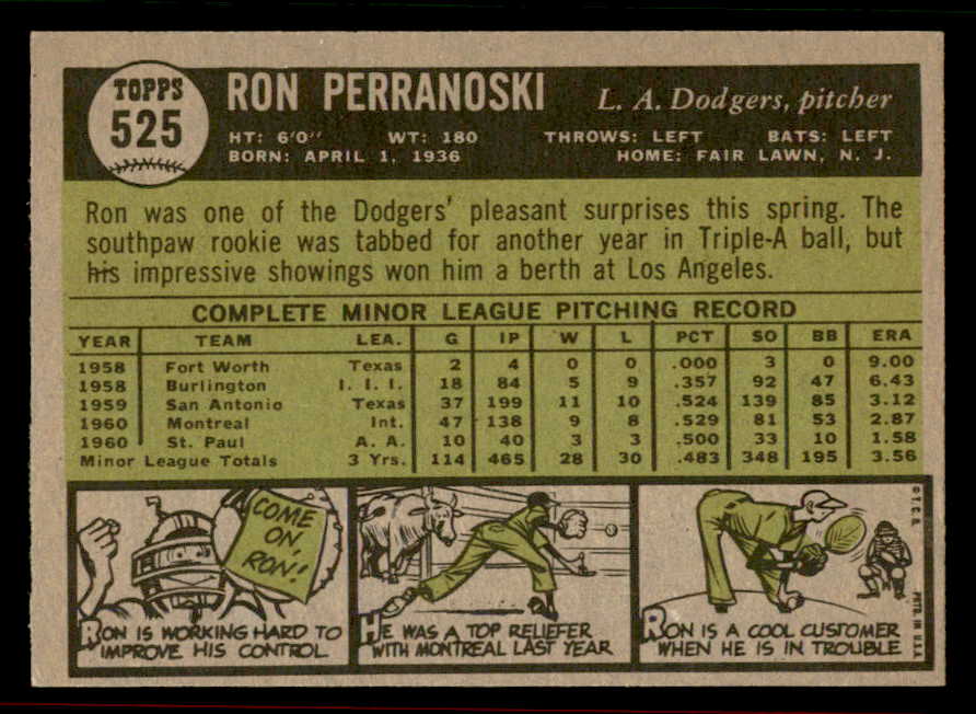 1961 Topps Baseball #525 Ron Perranoski Dodgers EX-MT 556574