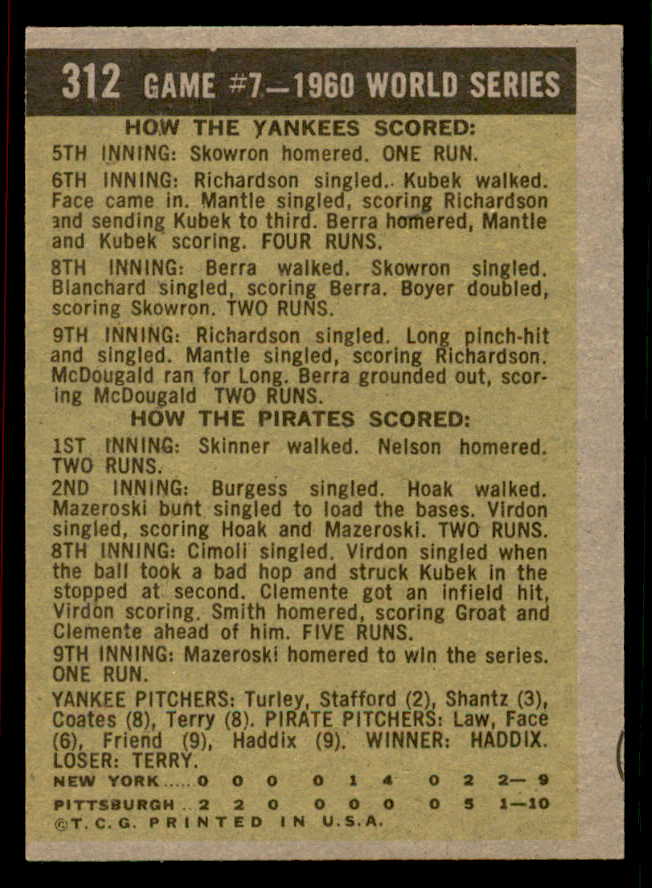 1961 Topps Baseball #312 World Series Game 7 Bill Mazeroski EX+/EX-MT 556578