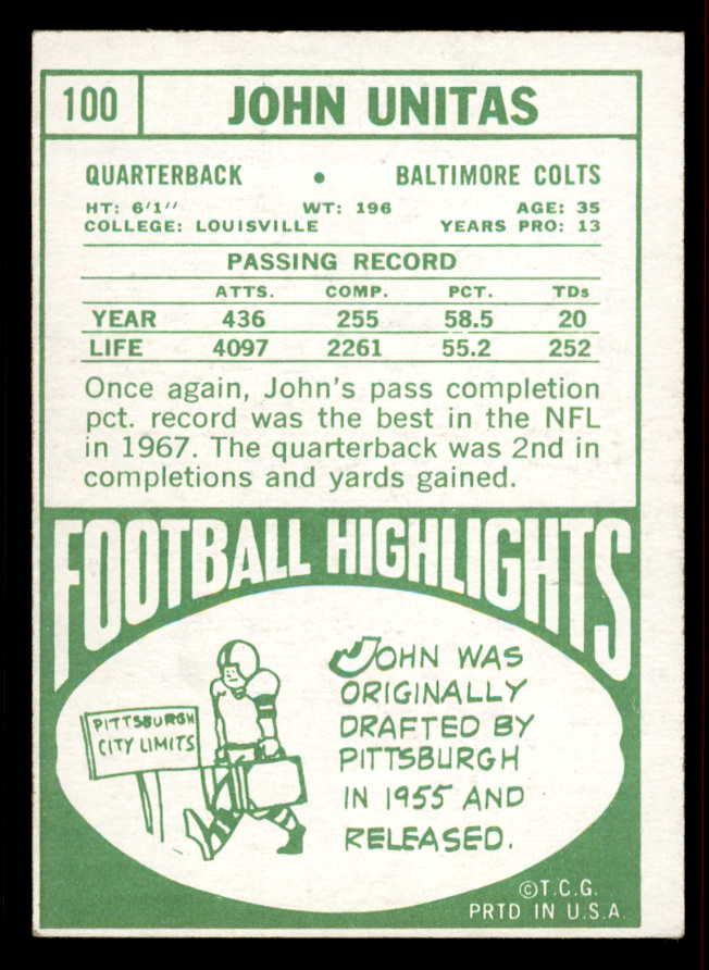1968 Topps Football #100 John Unitas Colts EX+/EX-MT 556588