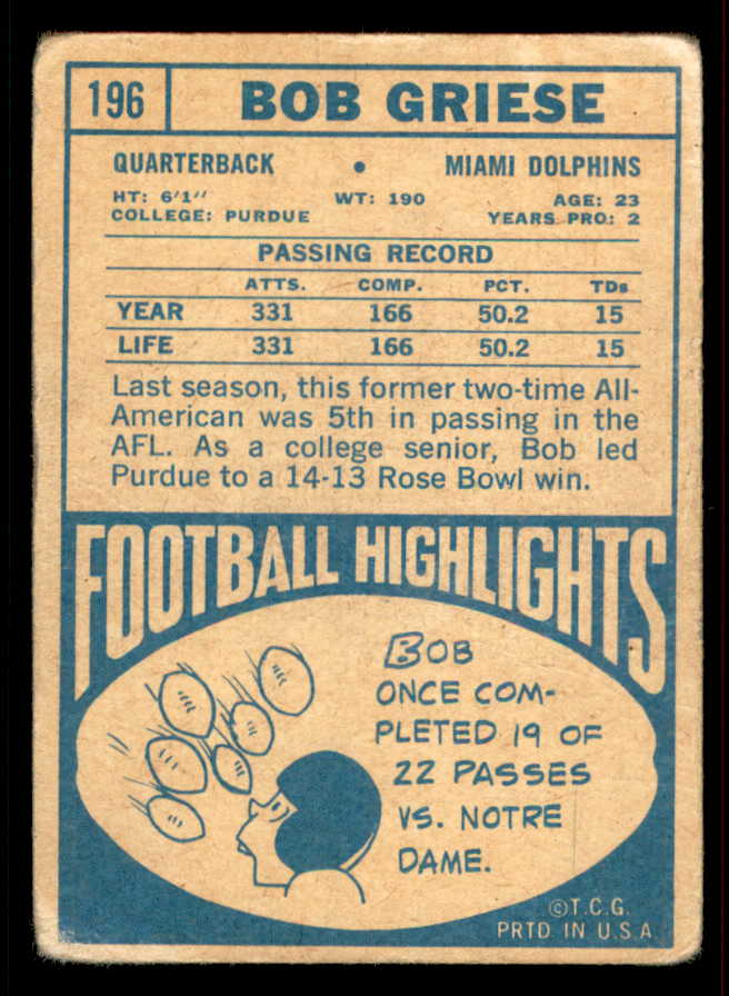 1968 Topps Football #196 Bob Griese Dolphins Fair 556591