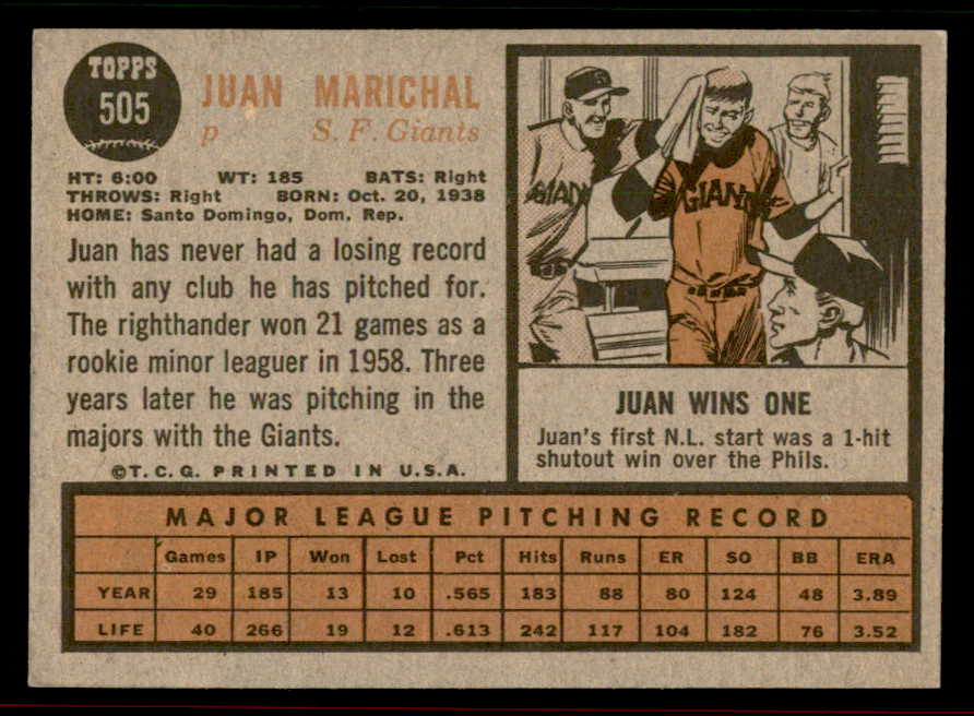 1962 Topps Baseball #505 Juan Marichal Giants EX-MT 556653