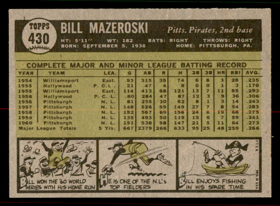 1961 Topps Baseball #430 Bill Mazeroski Pirates NR-MT 556676