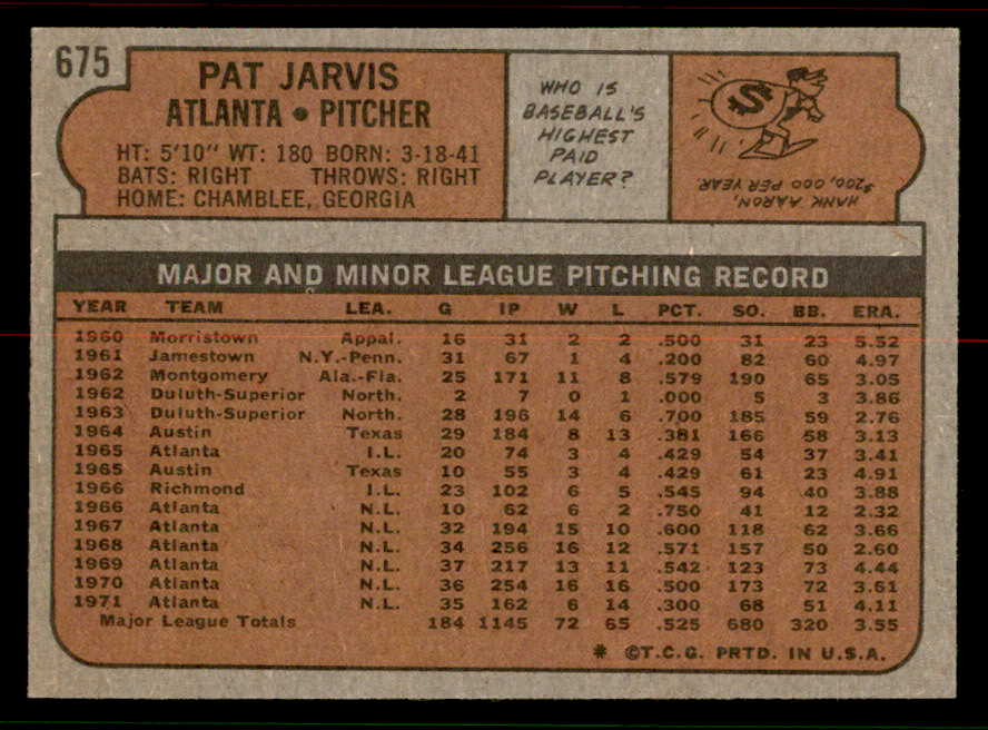 1972 Topps Baseball #675 Pat Jarvis Braves NR-MT 556735