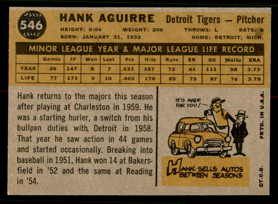 1960 Topps Baseball #546 Hank Aguirre Tigers EX-MT 556781