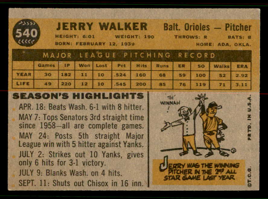 1960 Topps Baseball #540 Jerry Walker Orioles EX-MT 556790