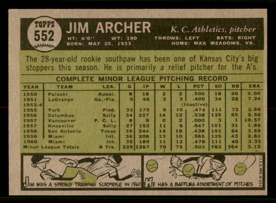 1961 Topps Baseball #552 Jim Archer A's EX-MT 556807