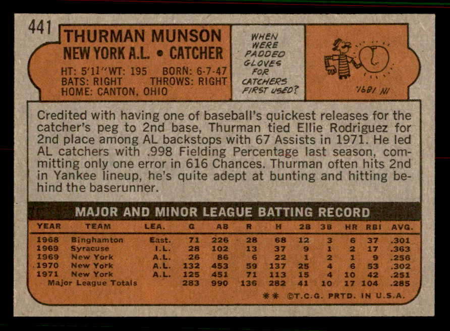 1972 Topps Baseball #441 Thurman Munson Yankees EX-MT 556845