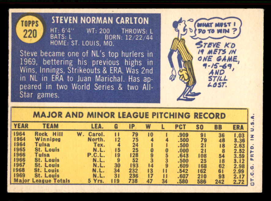 1970 Topps Baseball #220 Steve Carlton Cardinals VG-EX 556874