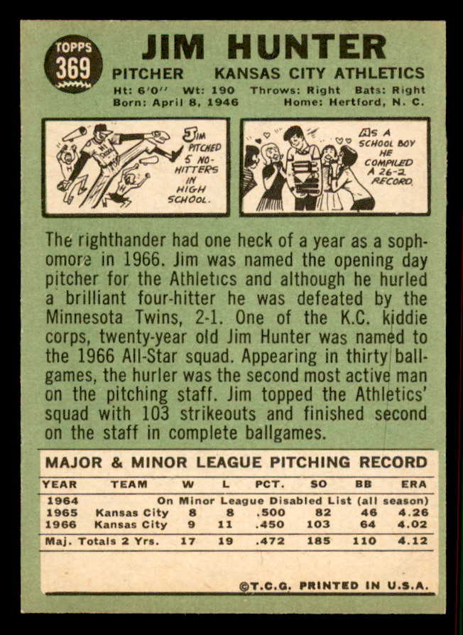 1967 Topps Baseball #369 Catfish Hunter A's NR-MT 556935