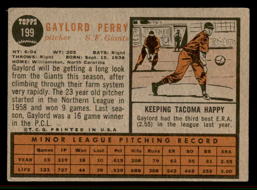 1962 Topps Baseball #199 Gaylord Perry Giants VG-EX 556939