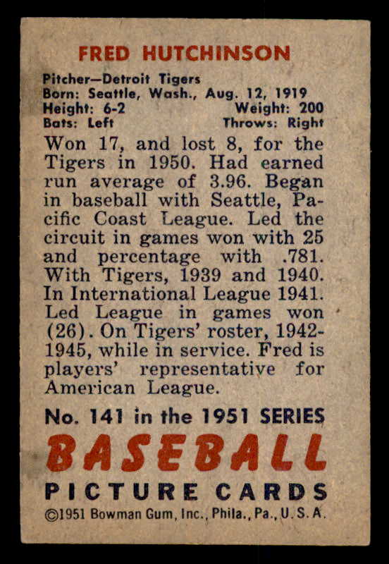 1951 Bowman Baseball #141 Fred Hutchinson Tigers EX-MT 556988