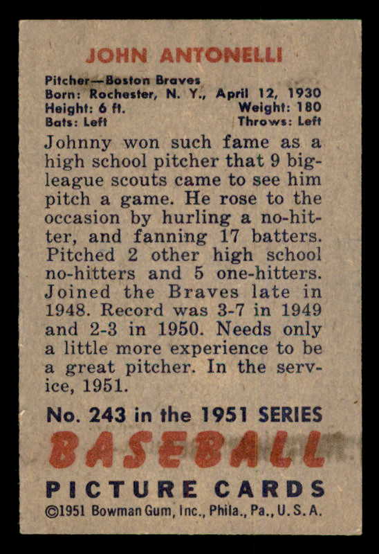1951 Bowman Baseball #243 Johnny Antonelli Braves EX-MT 556992