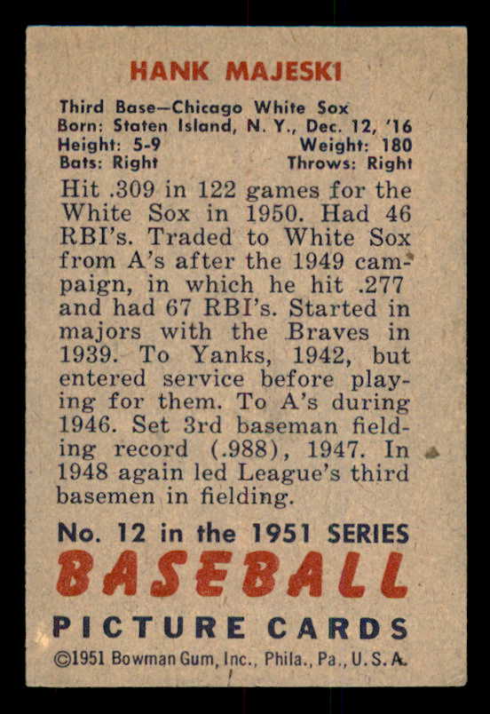 1951 Bowman Baseball #012 Hank Majeski White Sox EX-MT 557009