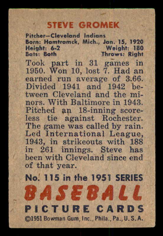1951 Bowman Baseball #115 Steve Gromek Indians EX-MT 557010