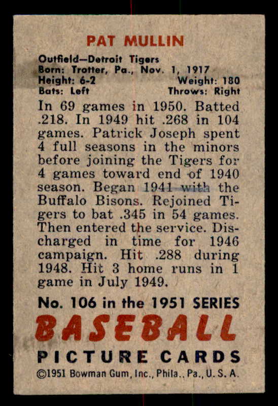 1951 Bowman Baseball #106 Pat Mullin Tigers EX-MT 557013