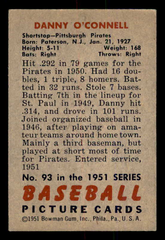 1951 Bowman Baseball #093 Danny O'Connell Pirates EX-MT 557015
