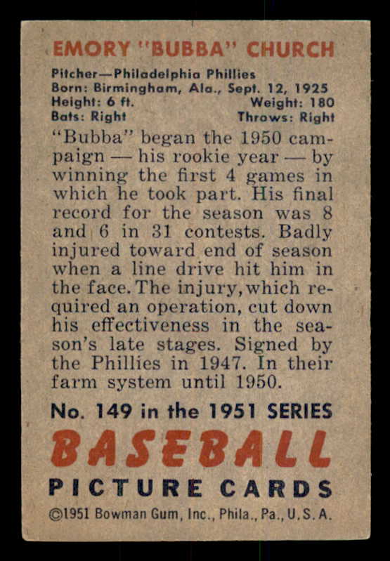 1951 Bowman Baseball #149 Bubba Church Phillies EX-MT 557024