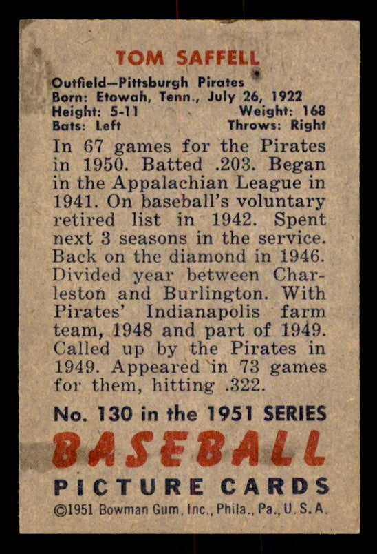 1951 Bowman Baseball #130 Tom Saffell Pirates EX-MT 557026