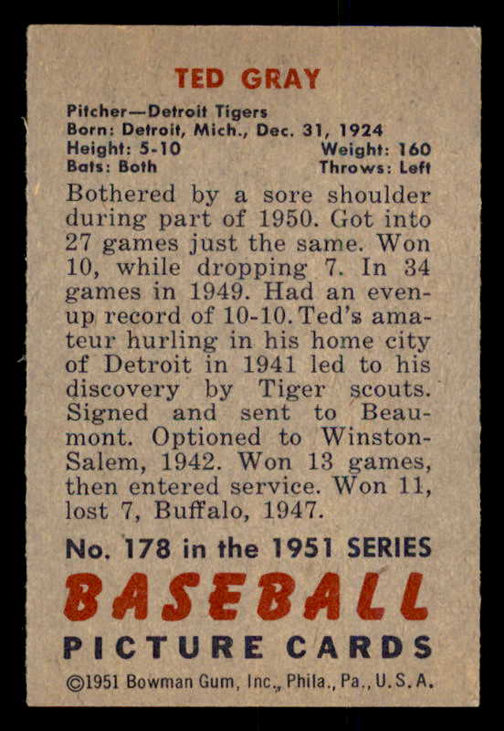 1951 Bowman Baseball #178 Ted Gray Tigers EX-MT 557035