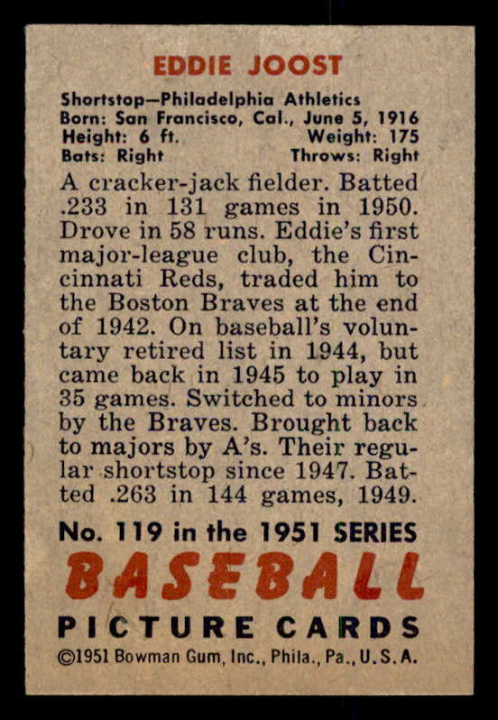1951 Bowman Baseball #119 Eddie Joost A's EX-MT 557036
