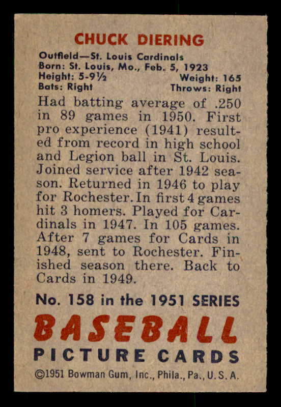 1951 Bowman Baseball #158 Chuck Diering Cardinals EX-MT 557043