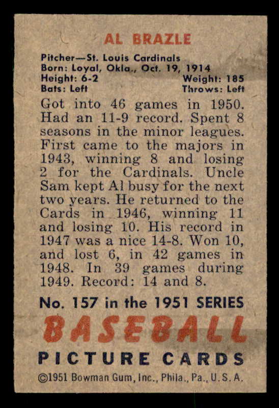 1951 Bowman Baseball #157 Al Brazle Cardinals EX-MT 557044