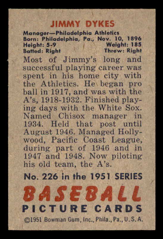 1951 Bowman Baseball #226 Jimmy Dykes A's EX-MT 557048